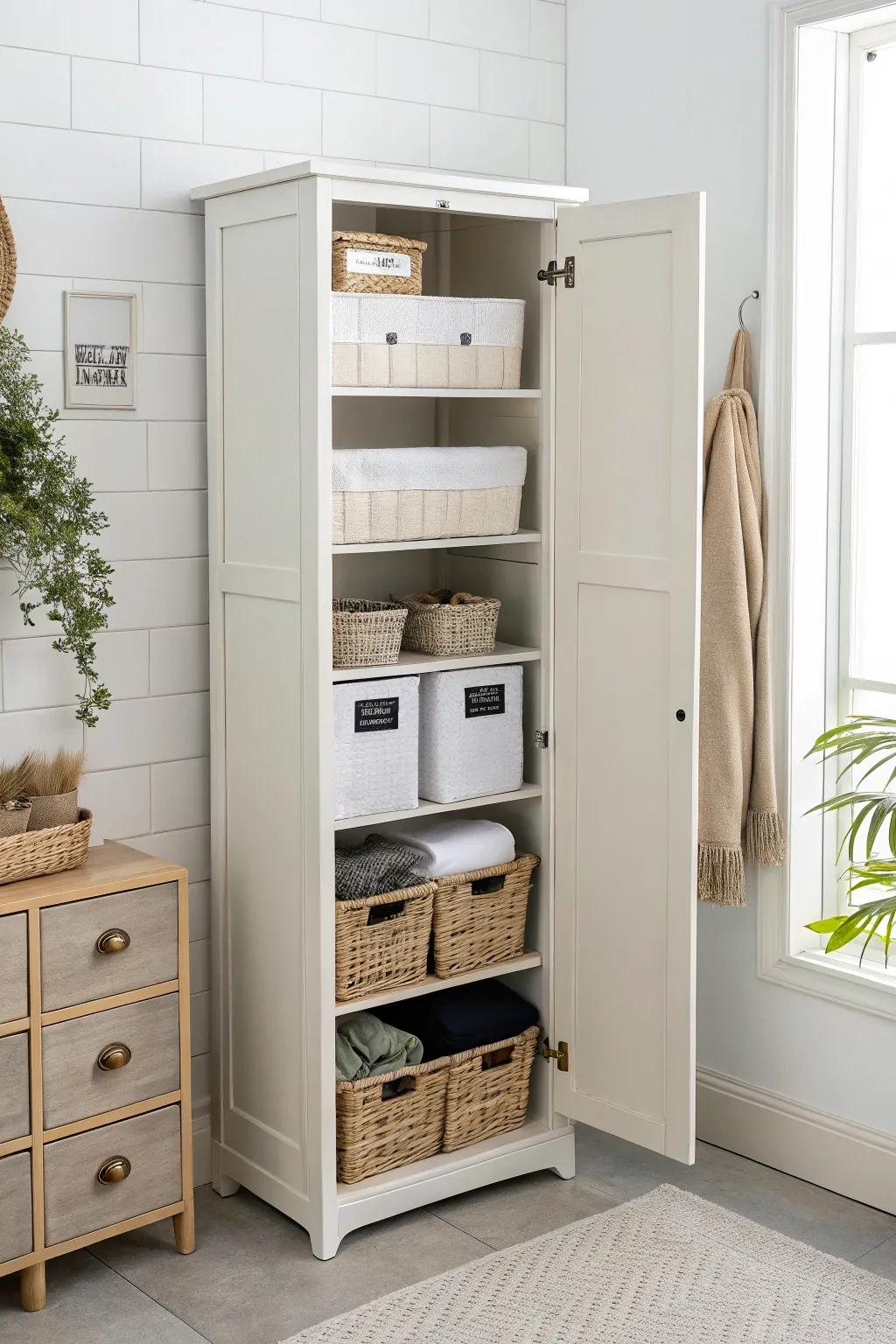 Deep shelves made easy—labeled bins keep every bathroom essential visible and within reach.