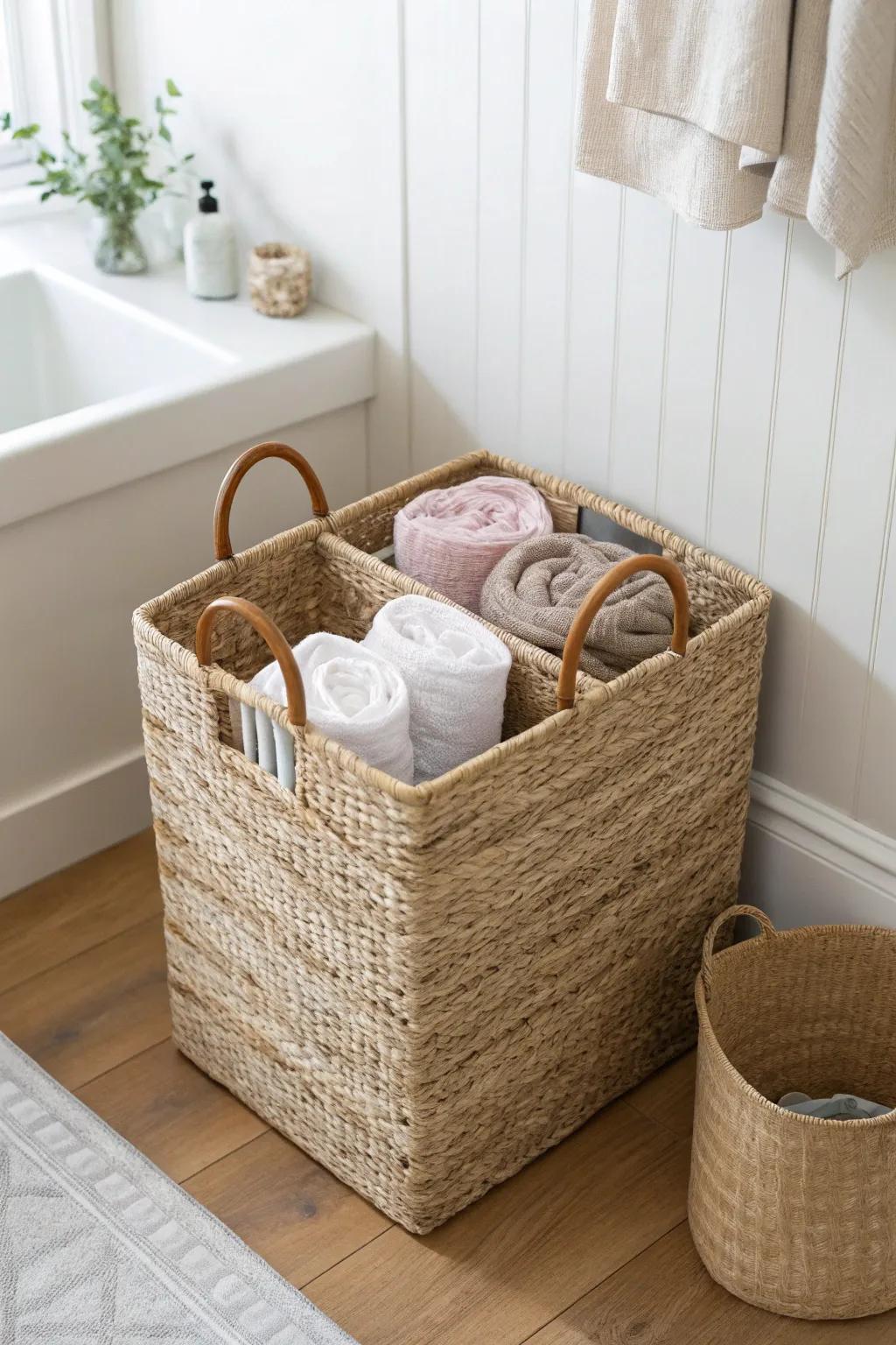 A chic two-compartment towel basket keeps bath towels and hand towels perfectly separate.