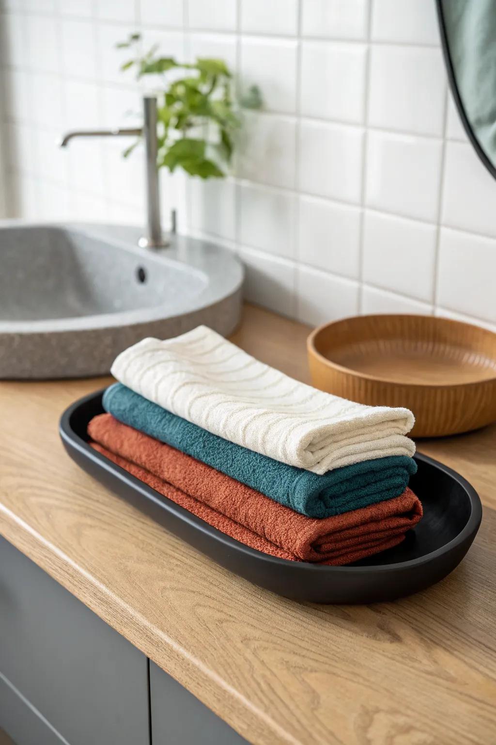 Flat-folded towels stacked on a tray—styled, space-saving, and effortlessly curated.