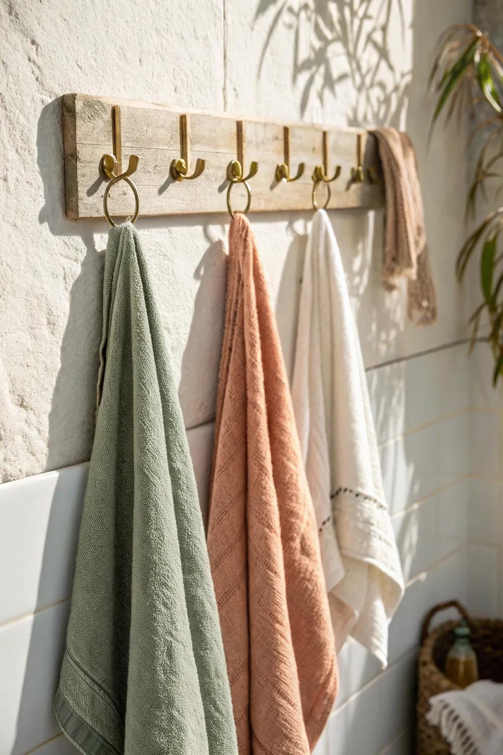 Staggered hooks keep towels separated—more drying space and zero damp pileups in small baths.