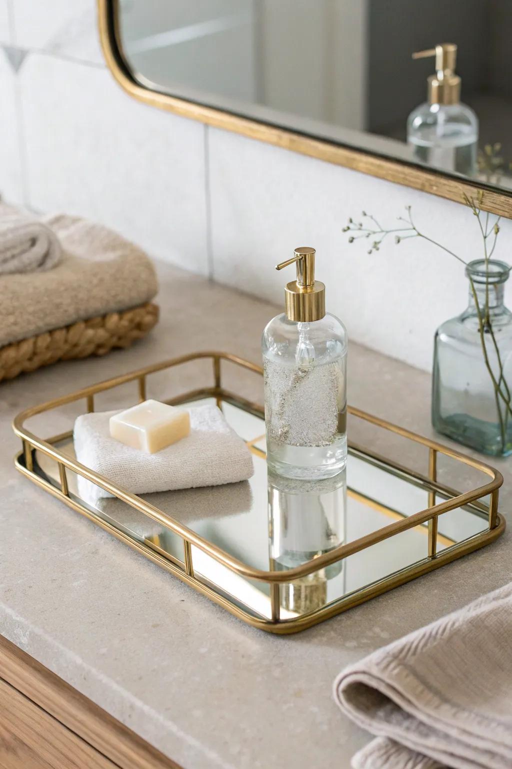 A mirrored tray bounces light around the vanity—keep bottles simple for a clean glow.
