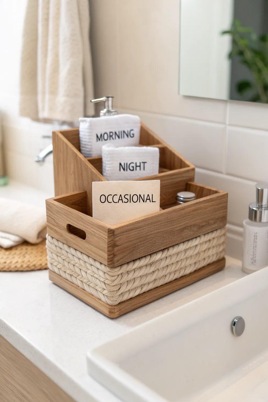 Label by routine: Morning, Night, Occasional—so your vanity stays tidy without constant re-sorting.
