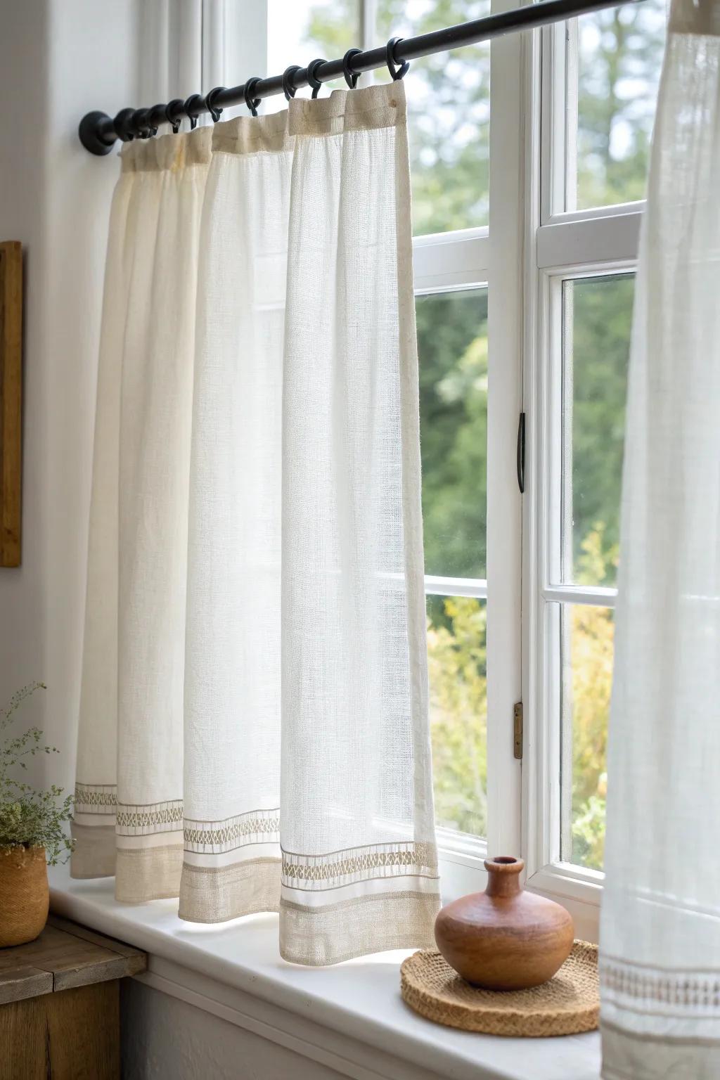 Cafe curtains: street-side privacy below, open glass above—bright, airy daylight all day.