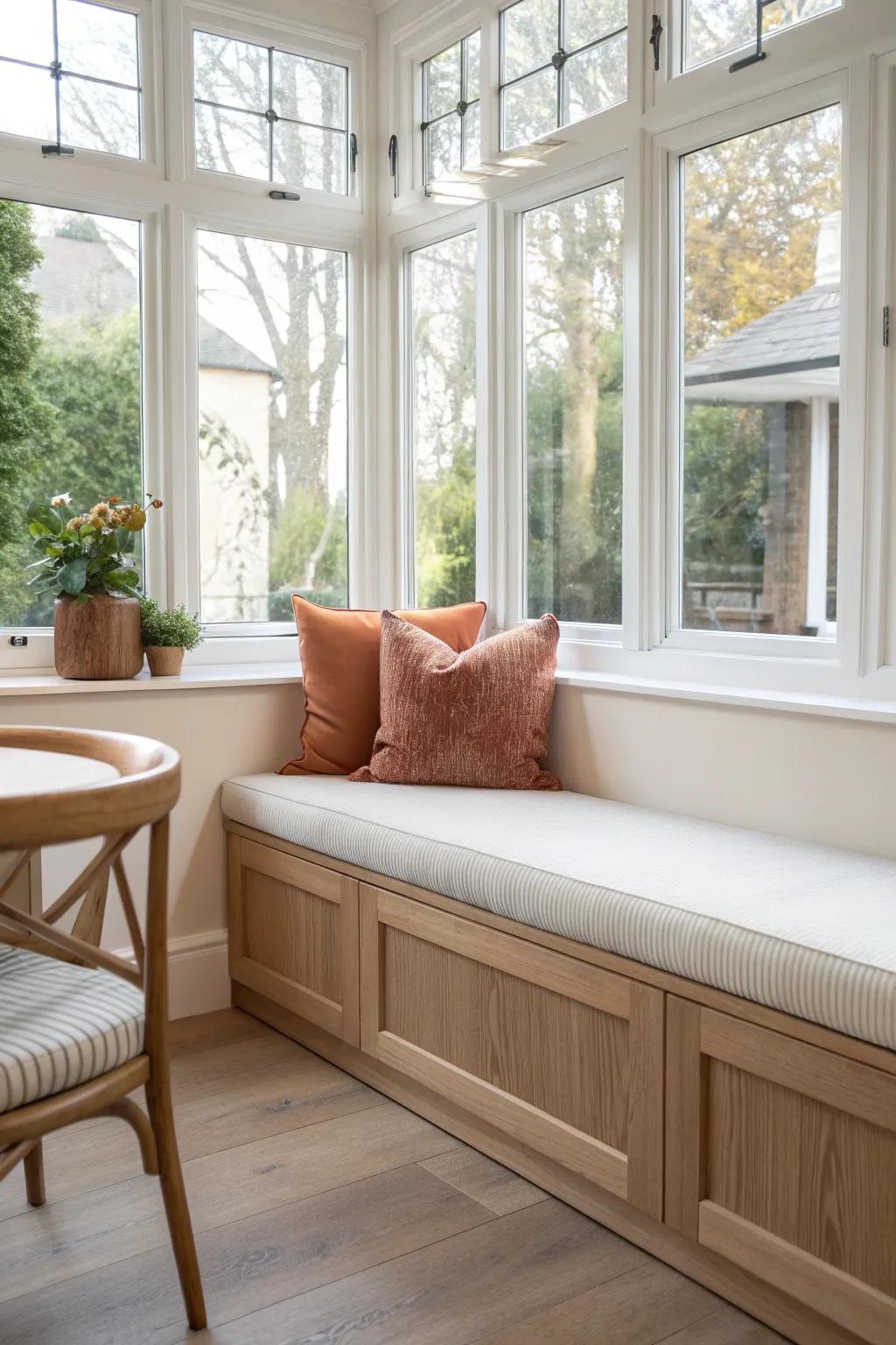 A bay-window banquette with hidden storage—extra seating and tidy linens in one chic spot.