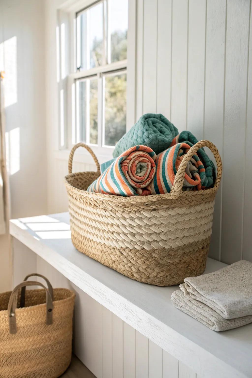 A clean-towel shelf: rolled beach towels in a carry-all tote for grab-and-go summer days.