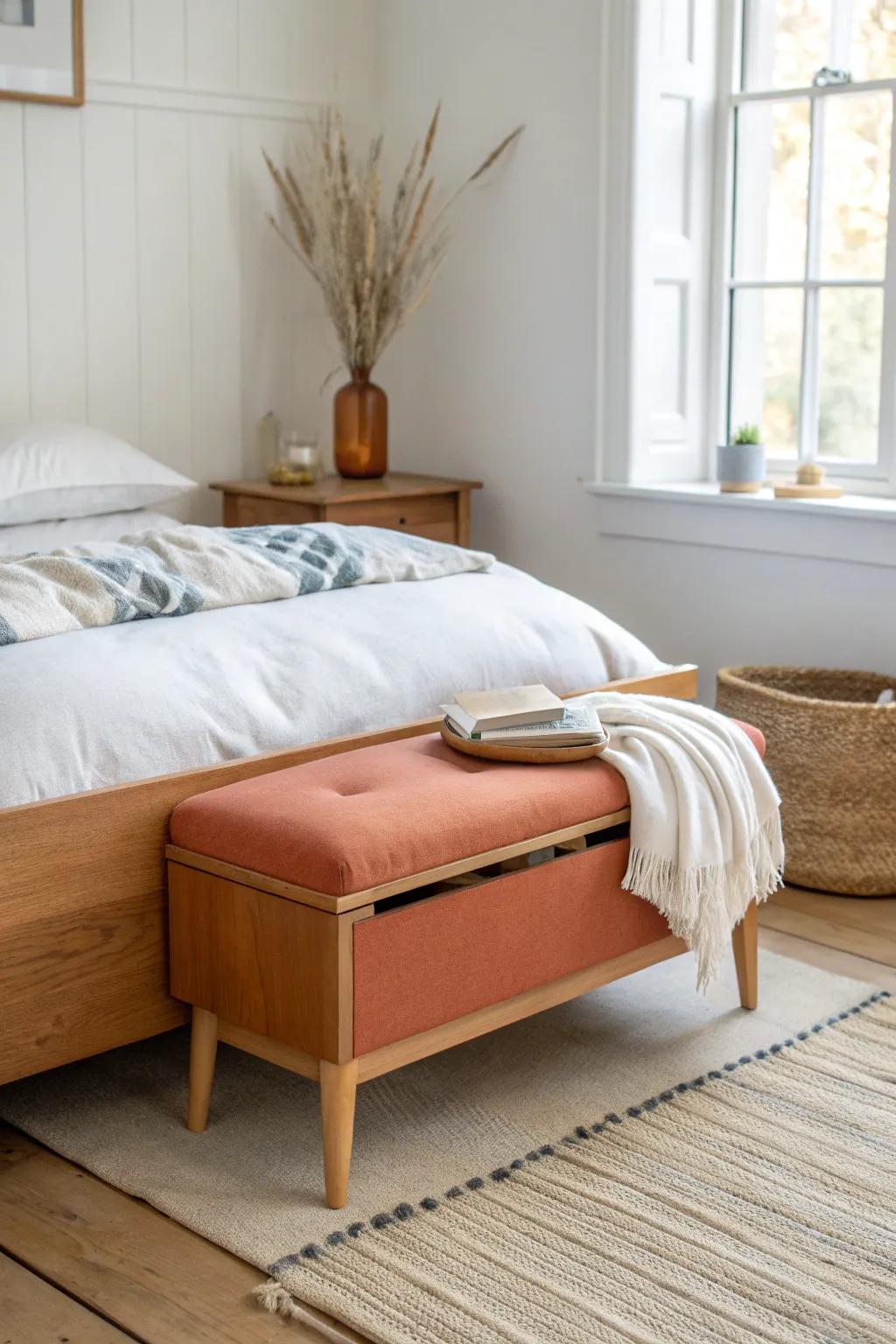 A chic storage bench at the bed’s foot keeps guest linens hidden—and doubles as seating.