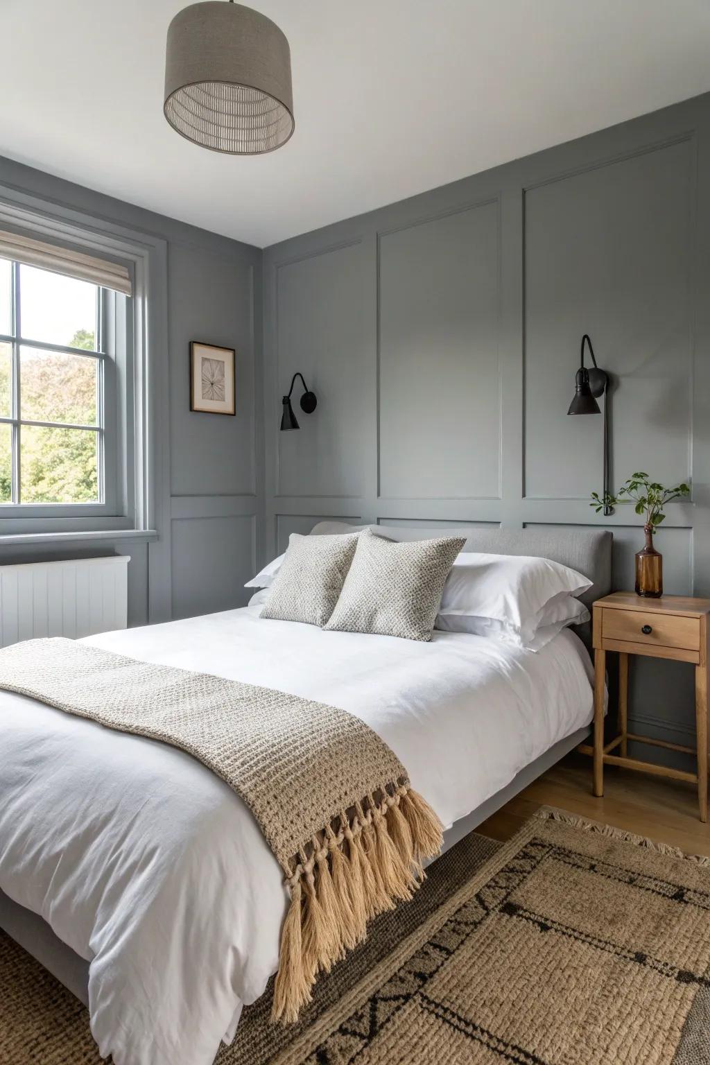 Steely gray walls + crisp white bedding = modern minimal calm for tiny bedrooms.