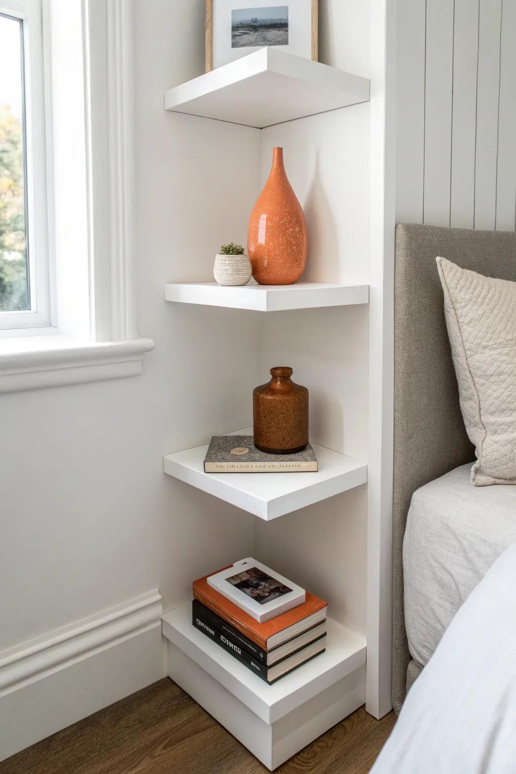 Minimal white corner shelves that melt into the wall—just a few curated pieces for calm.