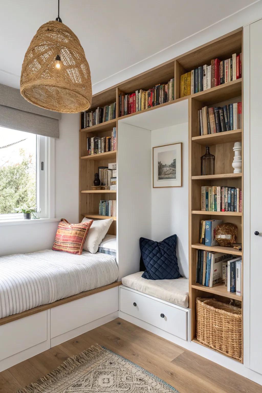 A bed nook hugged by slim built-in shelves—tiny bedroom cubby hole turned mini library.