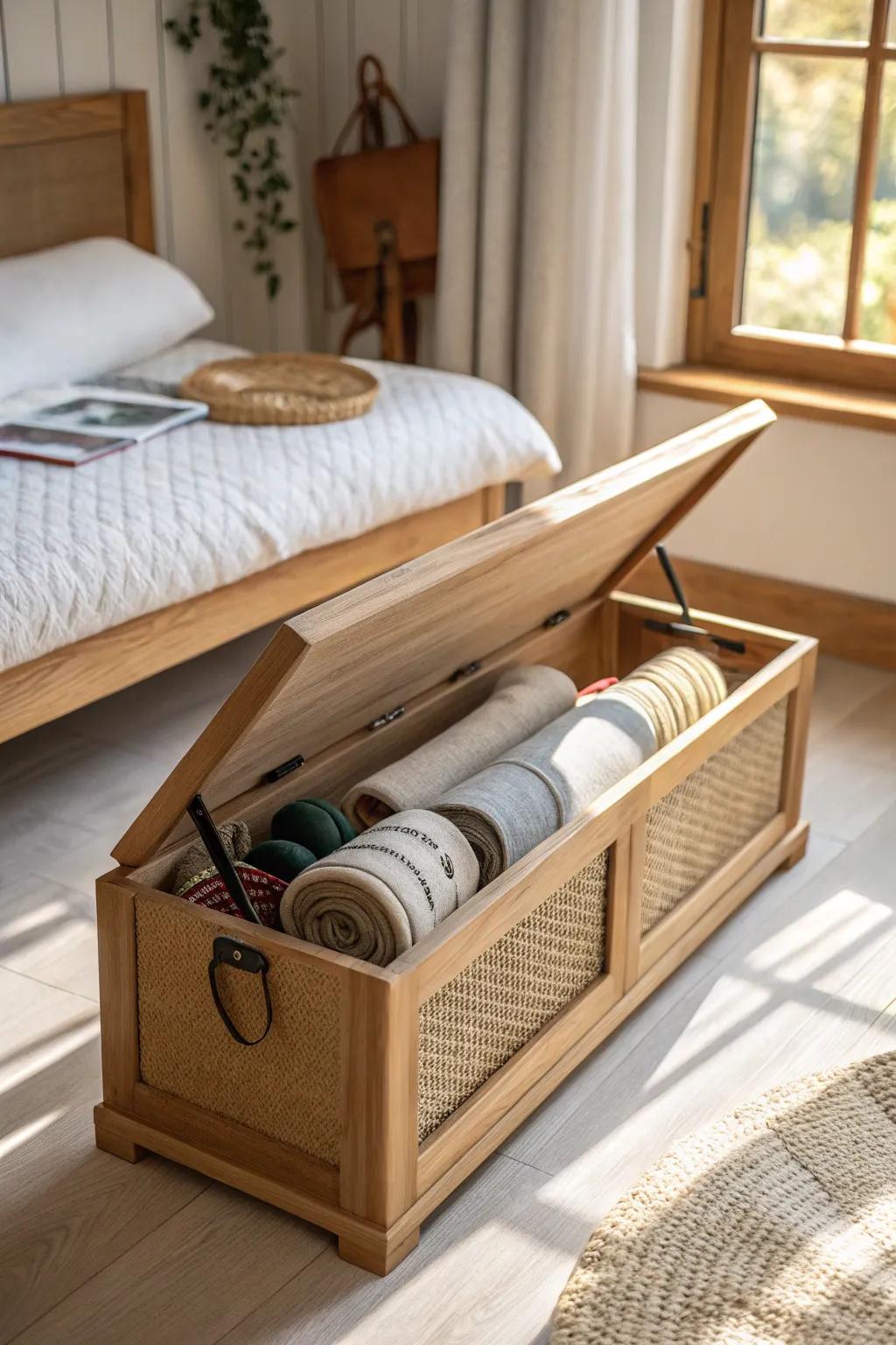 A chic storage bench that hides your workout gear—cozy bedroom first, gym second.