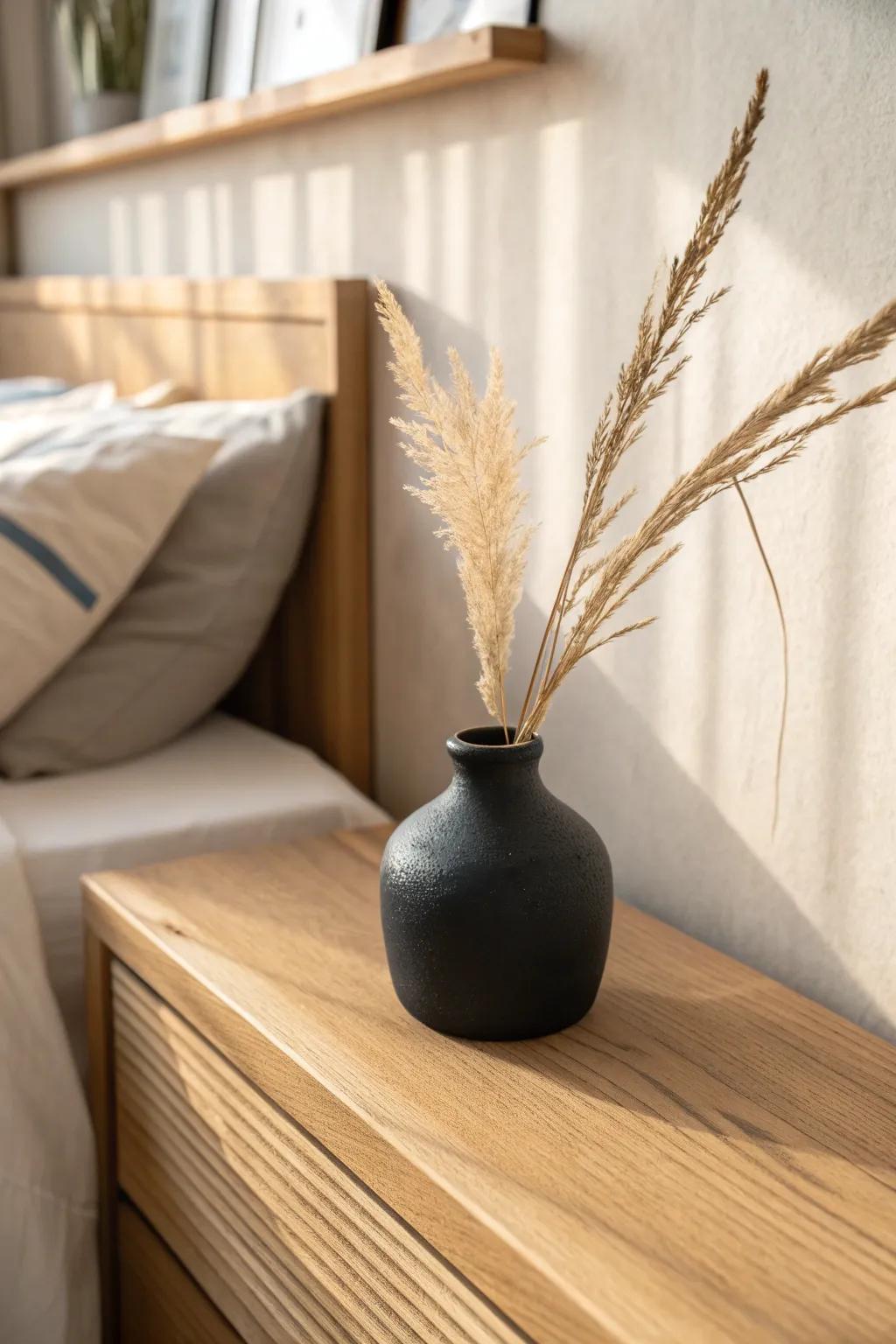 Warm minimalism on a bedroom ledge: one matte-black vase on oak keeps it effortlessly serene.