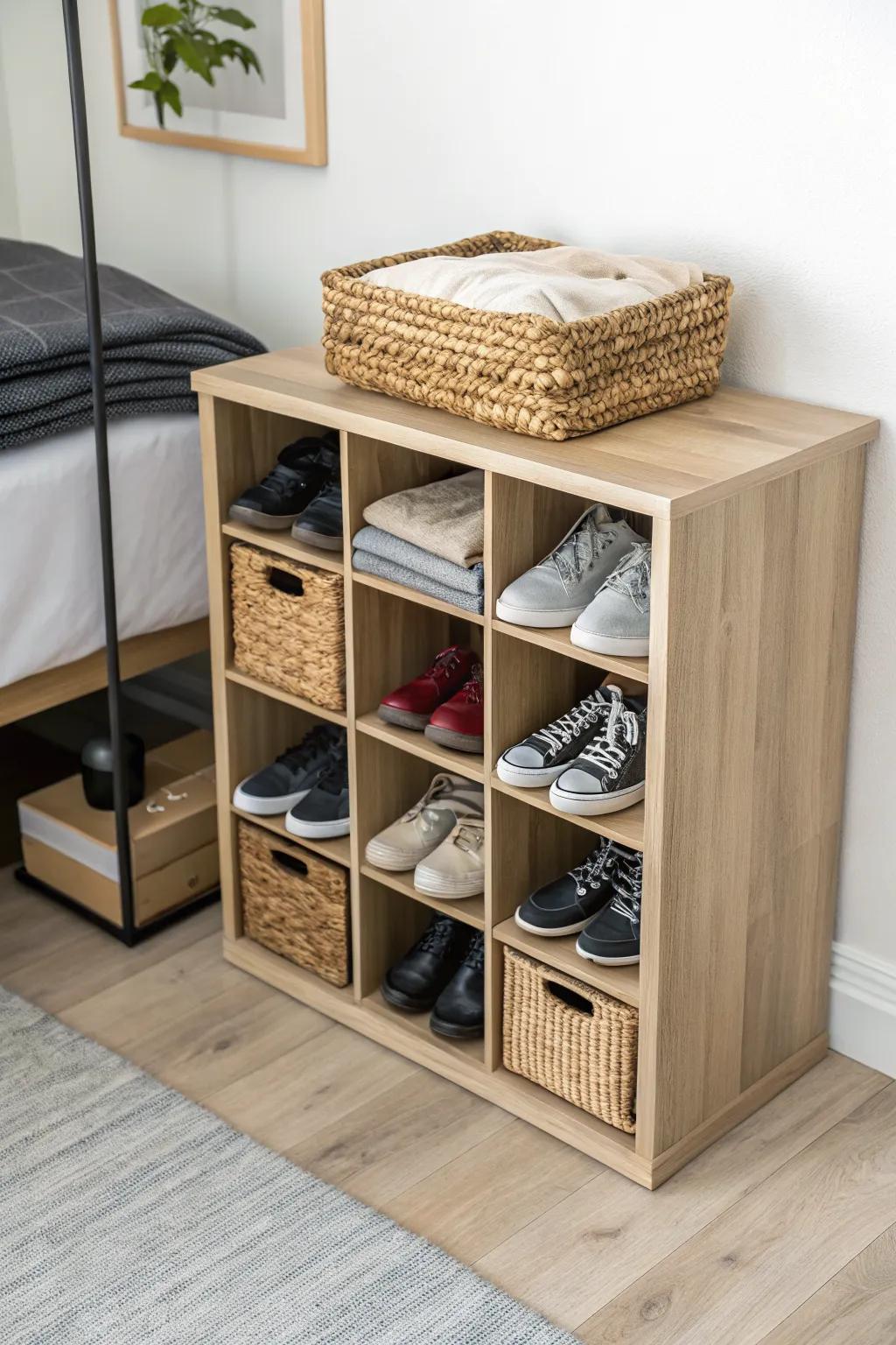 Small-bedroom win: a cube shoe grid gives every pair a tidy “parking spot” with style.