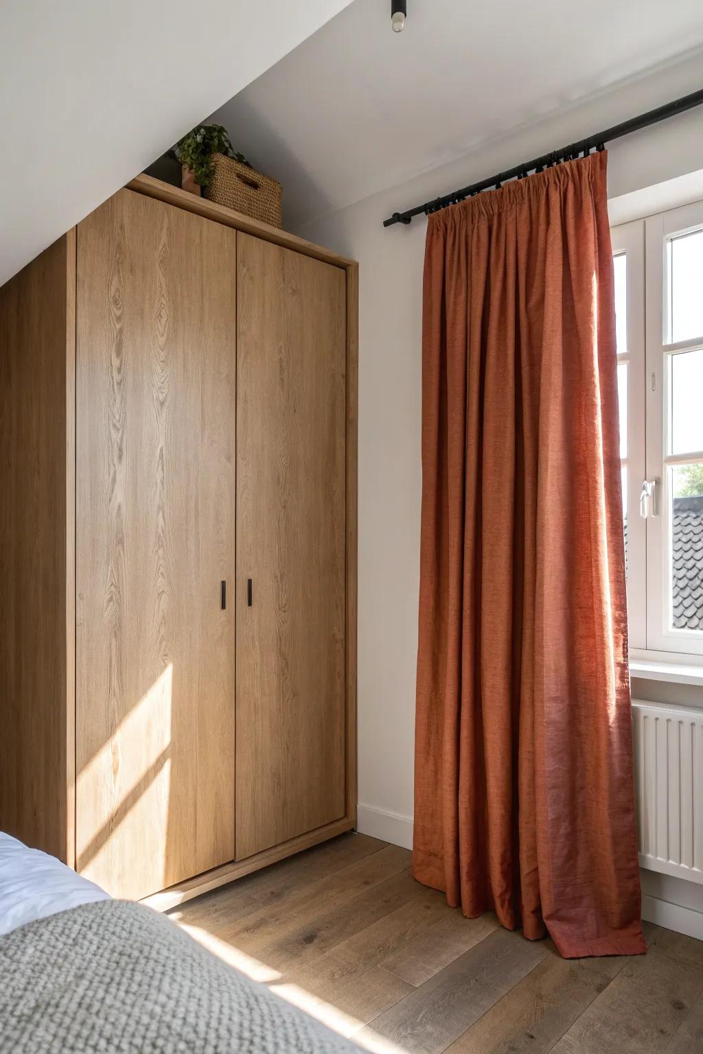 Swap wardrobe doors for a linen curtain—cozy, space-saving, and perfect for hiding everyday chaos.