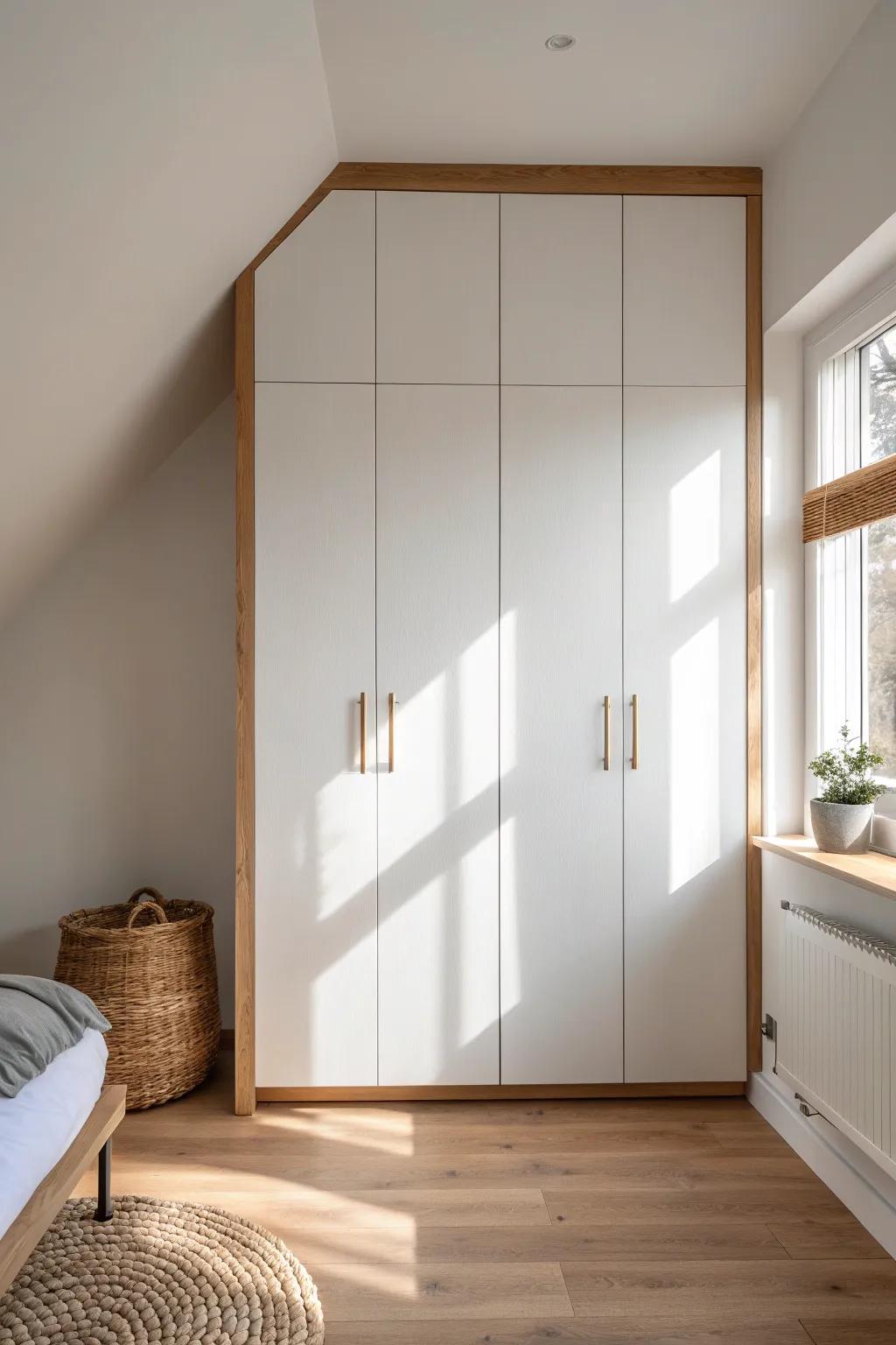 Handleless wardrobe fronts keep small bedrooms calm, sleek, and beautifully uncluttered.