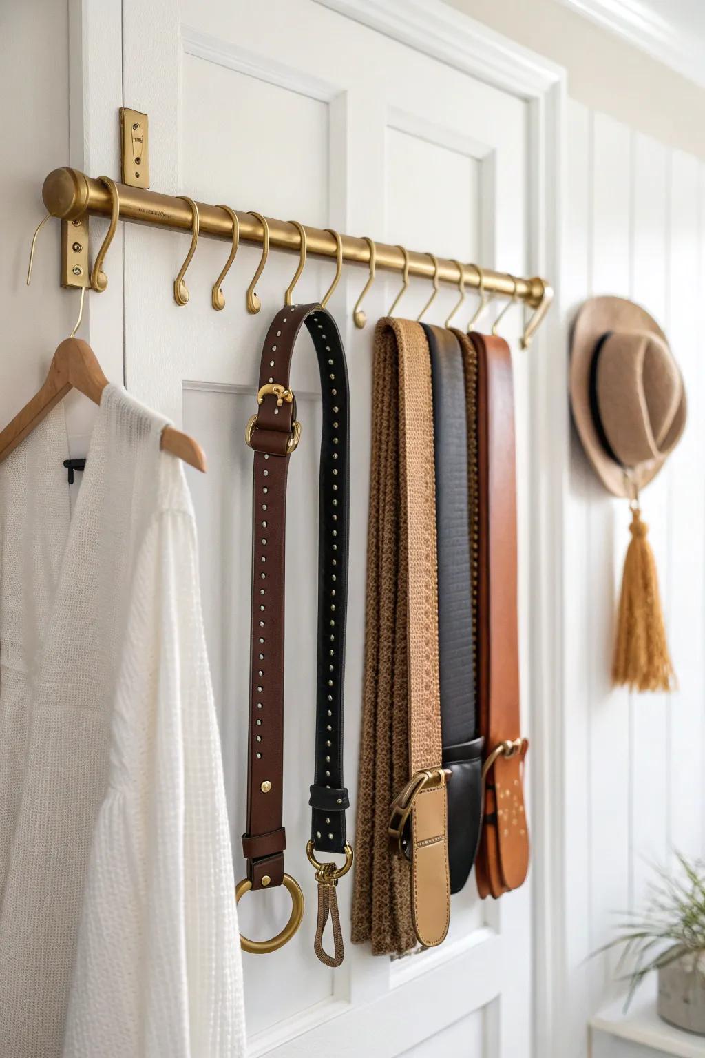A slim towel bar inside the closet door turns wasted space into a chic, grab-and-go belt rack.