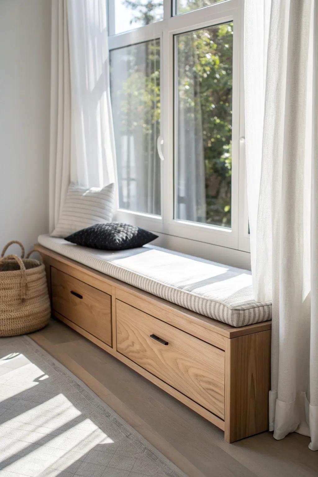 A sleek oak window bench with hidden storage—cozy seating and linen stashing in one.