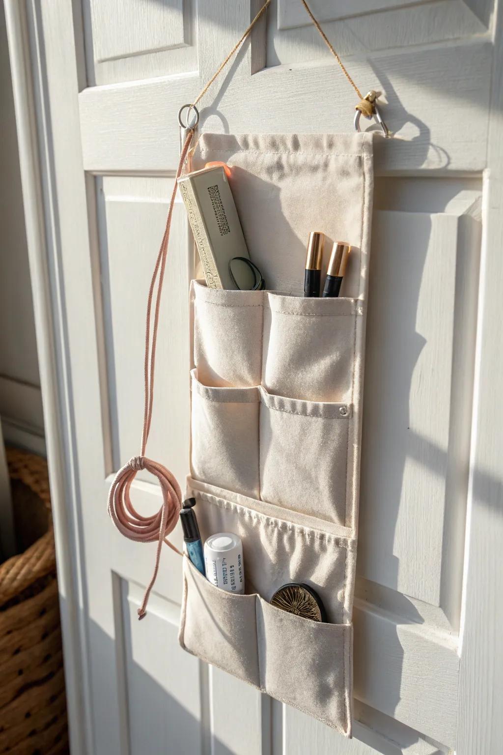 Over-the-door pocket organizer: zero floor space, max dorm storage for tools, cords & snacks.