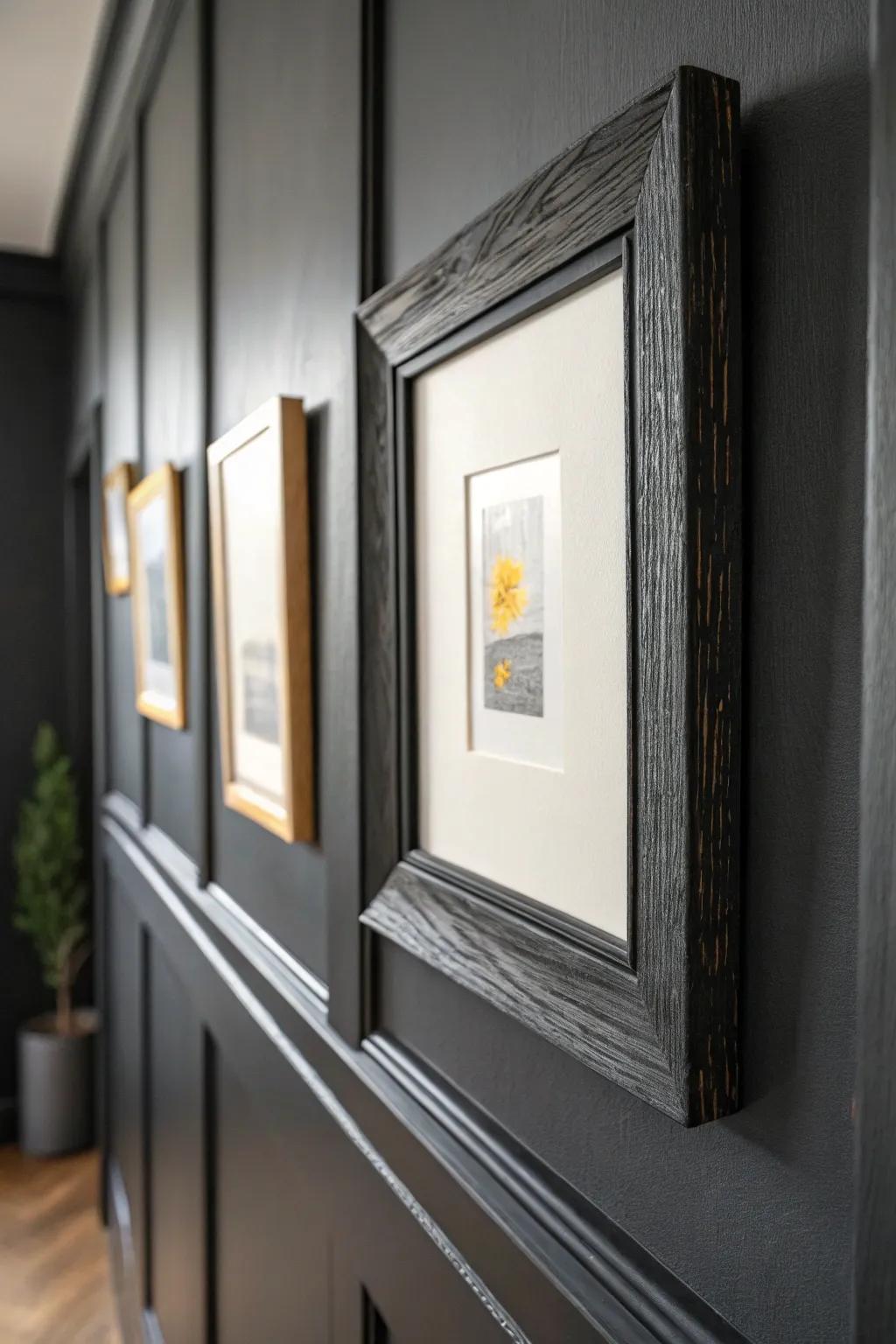 Start your black-and-white gallery wall with one bold matte-black frame on a dark backdrop.