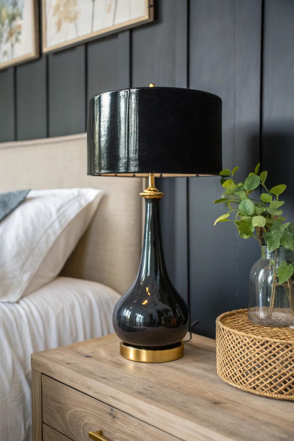 Matte black meets glossy shine—one small accent that adds movement to a dark bedroom.