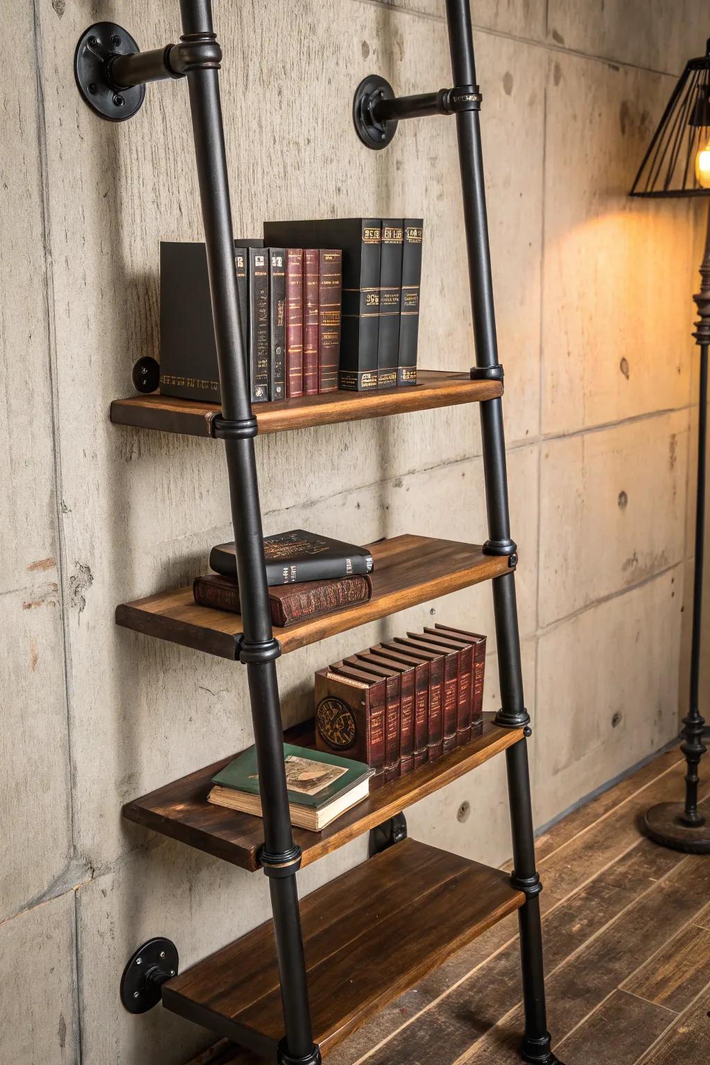 Elevate your space with this industrial-chic black pipe bookshelf ladder, where form meets function.