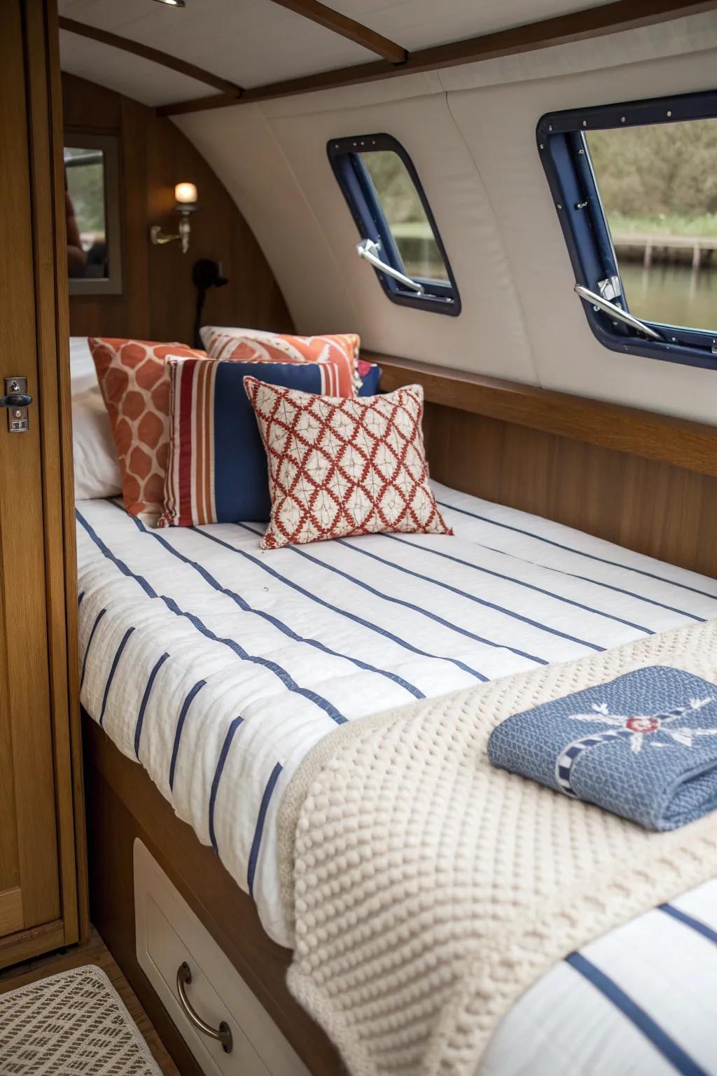 Mix bold stripes with tiny geometrics—repeat one color to keep a small cabin berth serene.