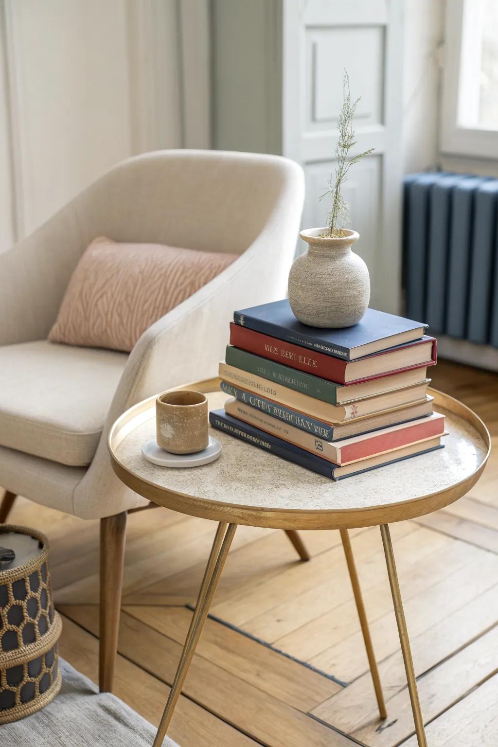 Turn a book stack into a chic side table—add a tray to protect covers and hold tea.