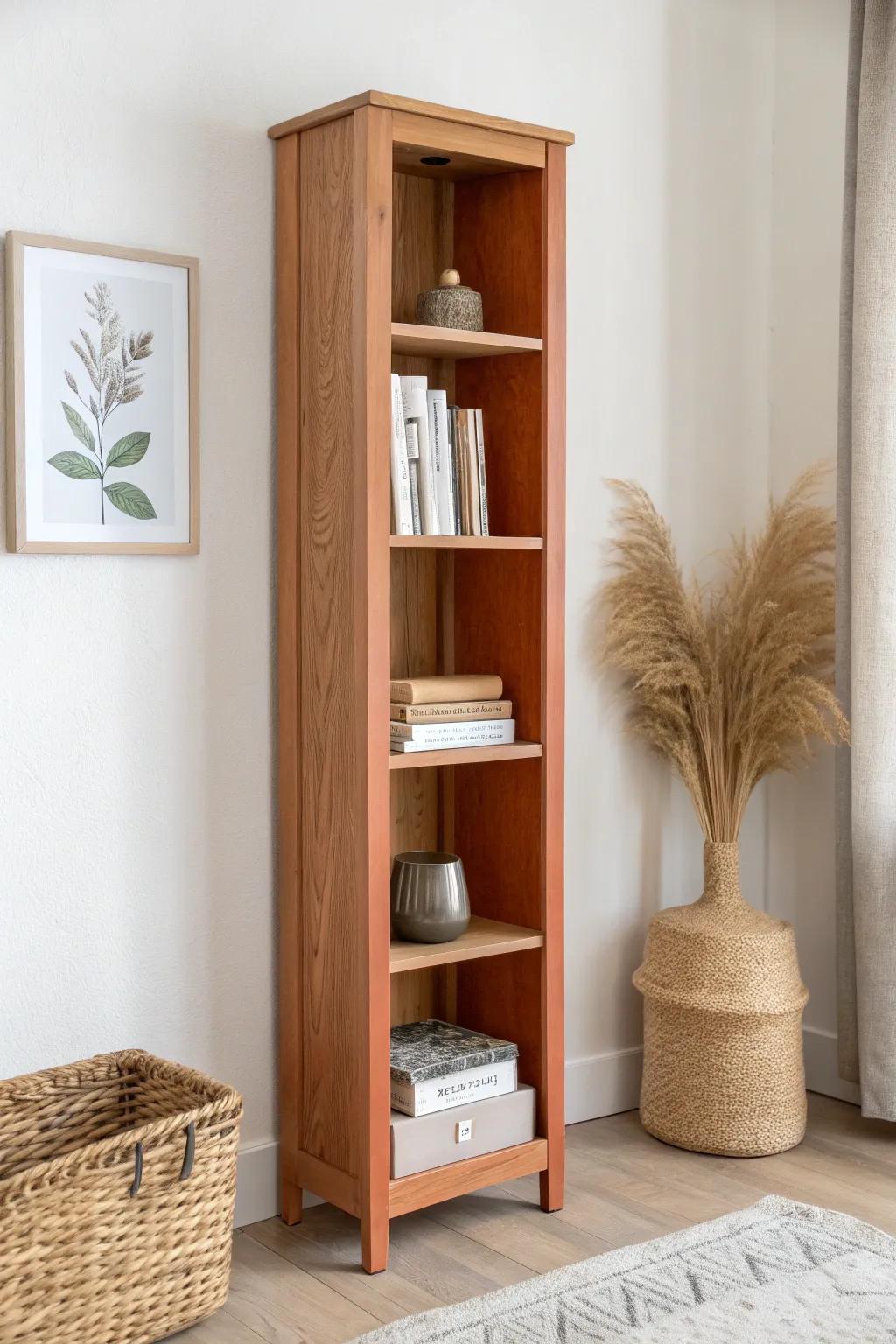 Deep terracotta backing turns a simple oak bookcase into a bold, boutique-style focal point.