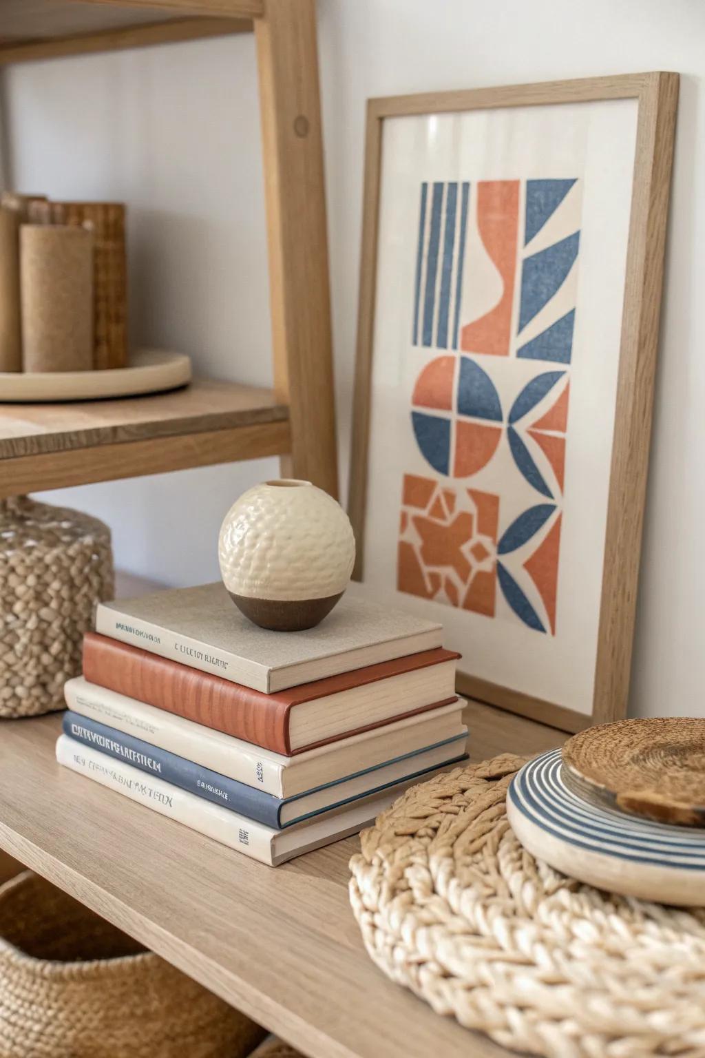 Layer framed art behind a short book stack for instant depth—no extra space required.