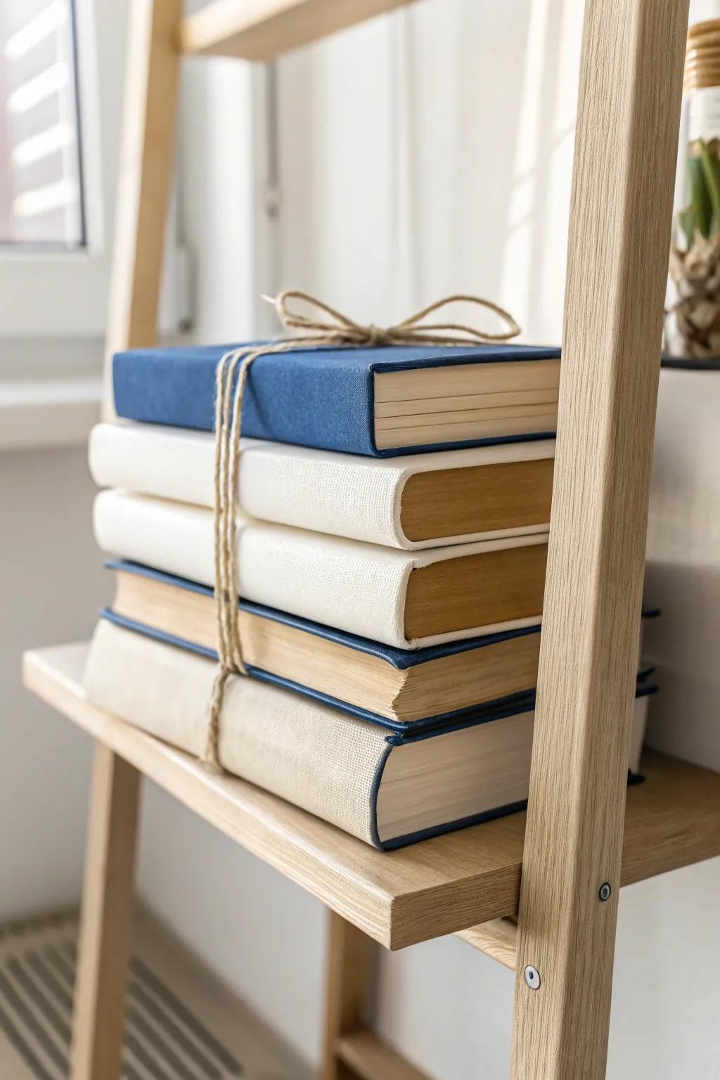 Two neutrals + one bold accent turns any shelf stack into an instant, curated focal point.