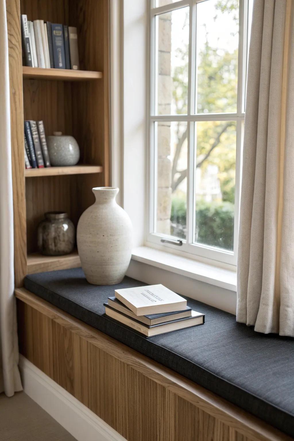 Two-tone window shelves with a dark bench seat add warmth, contrast, and hide scuffs.