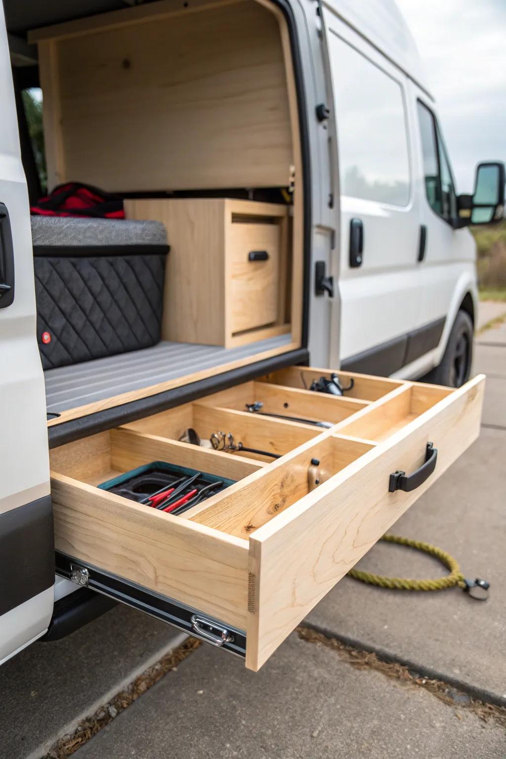 Under-shelf slide-out drawers keep tiny tools visible, sorted, and easy to grab in a box truck.