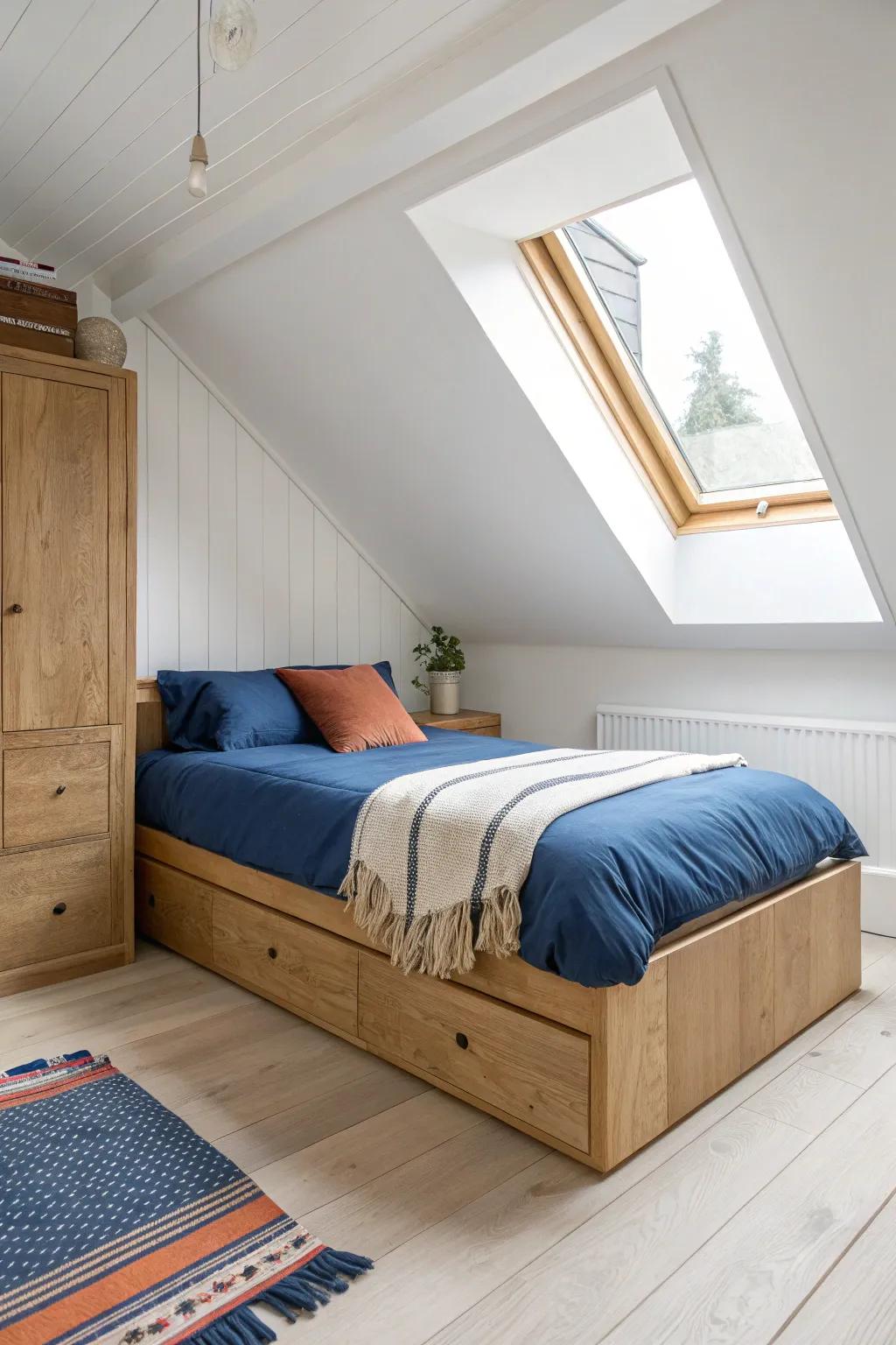 Make the low attic slope the best spot: a sleek under‑eaves bed creates a cozy sleep nook.