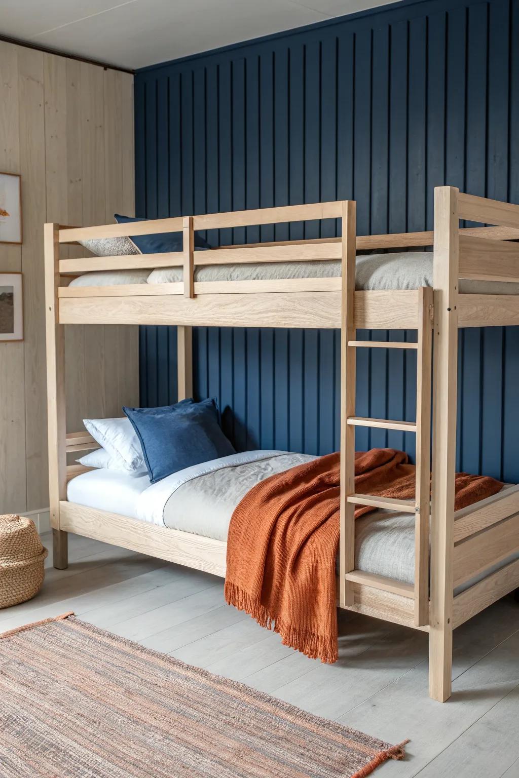 Vertical paneling behind the bunk bed adds instant texture—calm, clutter-free, photo-ready.