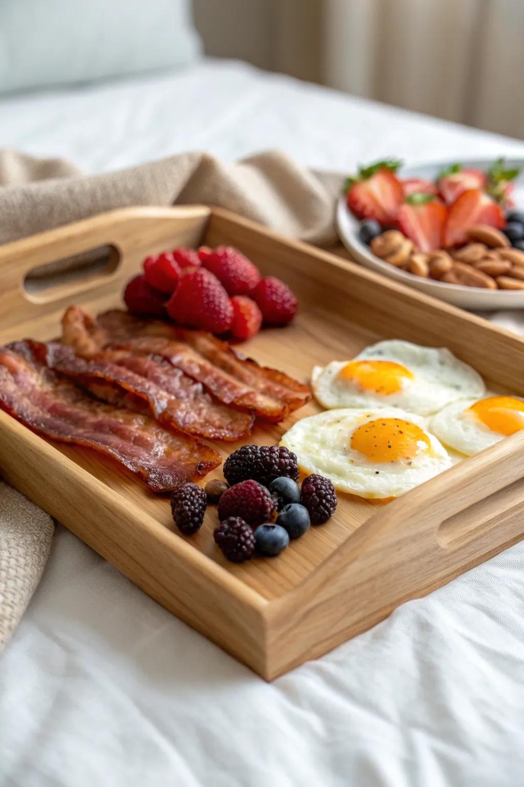 Bacon, halved eggs, and jewel-toned berries styled on a minimalist oak breakfast tray.