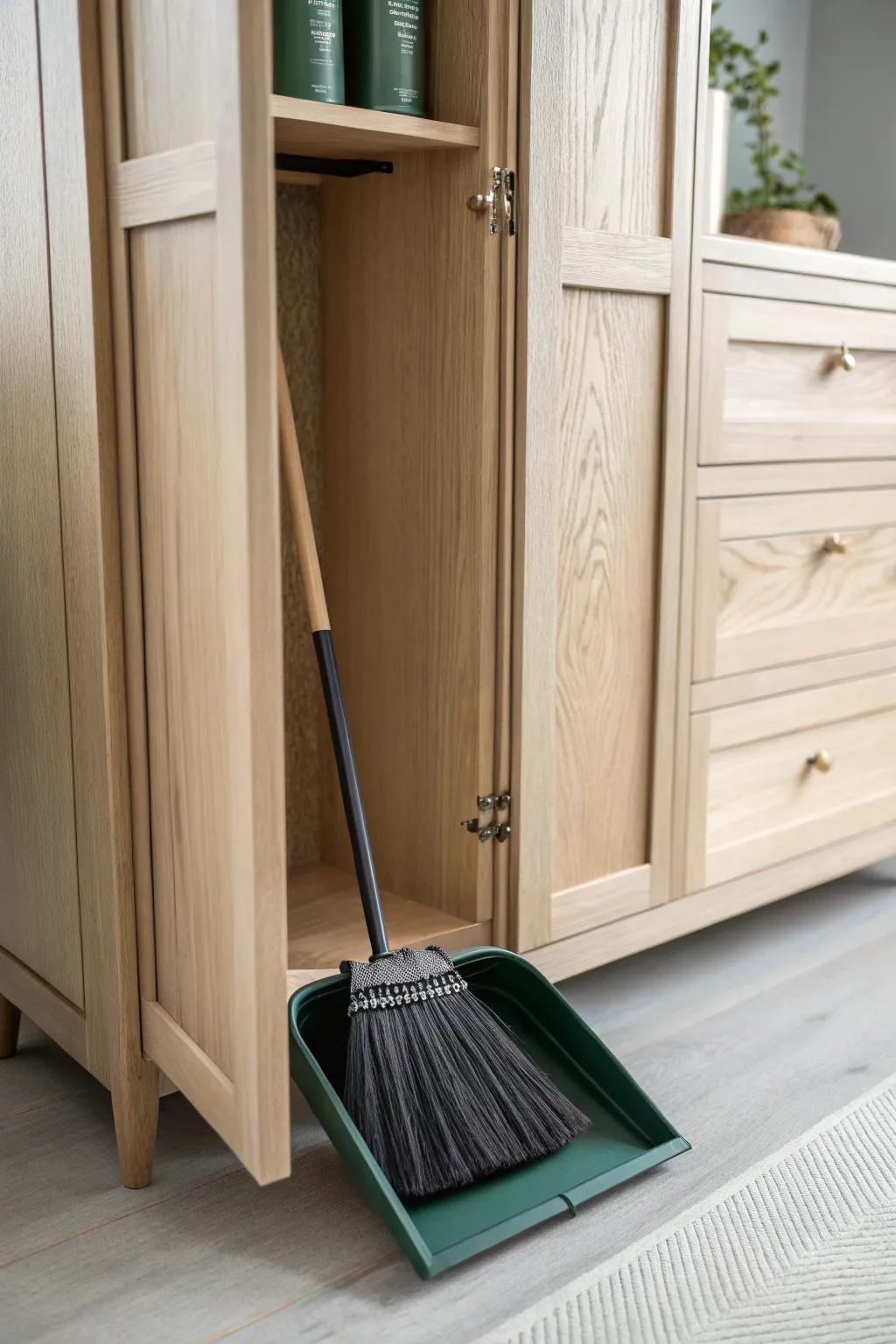 Slim pull-out broom cabinet: hidden storage that keeps brooms upright and your small space serene.