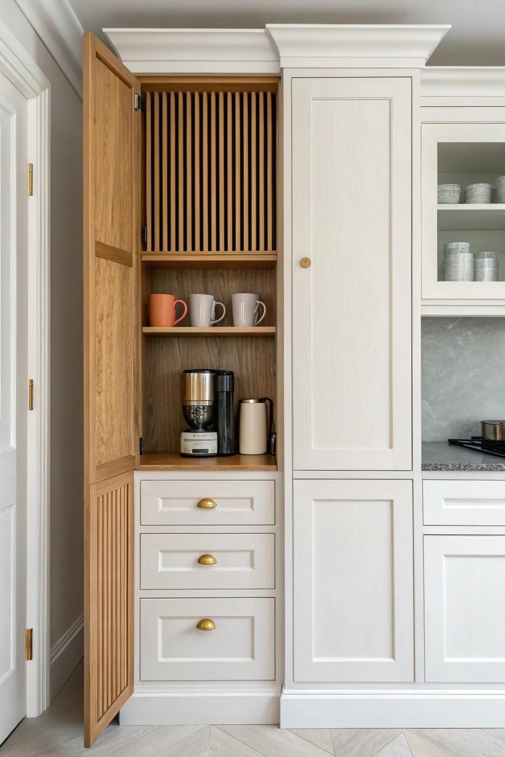 A slim built-in coffee & snack cabinet keeps counters clear—mugs at eye level, clutter hidden below.