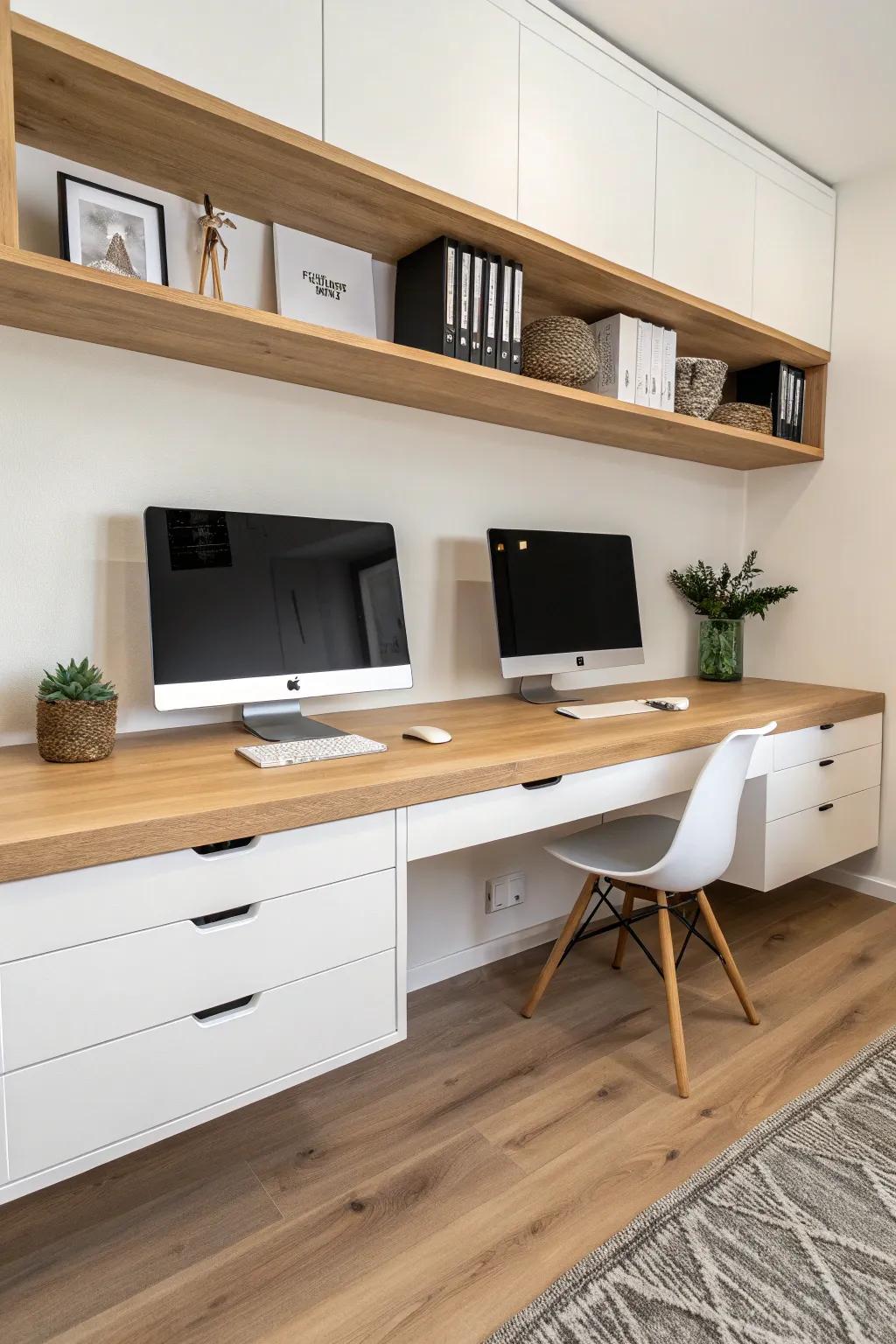 A sleek two-person built-in desk with separate drawer zones—small-space harmony in one look.