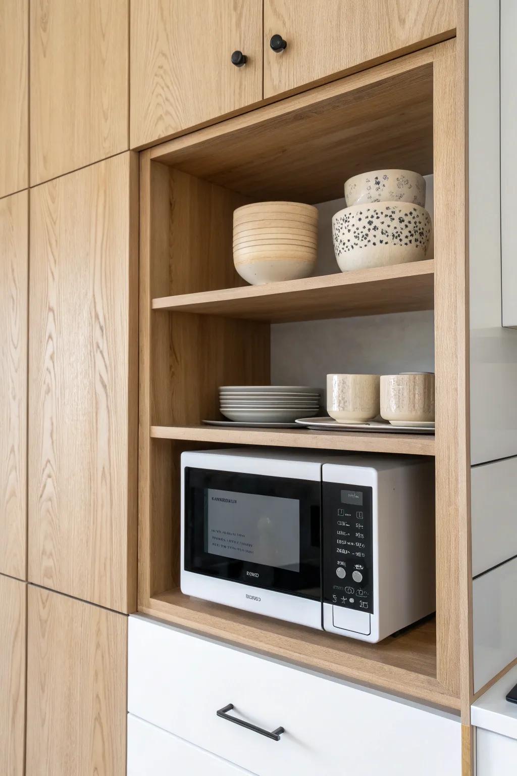 Open-shelf microwave cubby: clean, budget-friendly built-in style with a polished, intentional look.