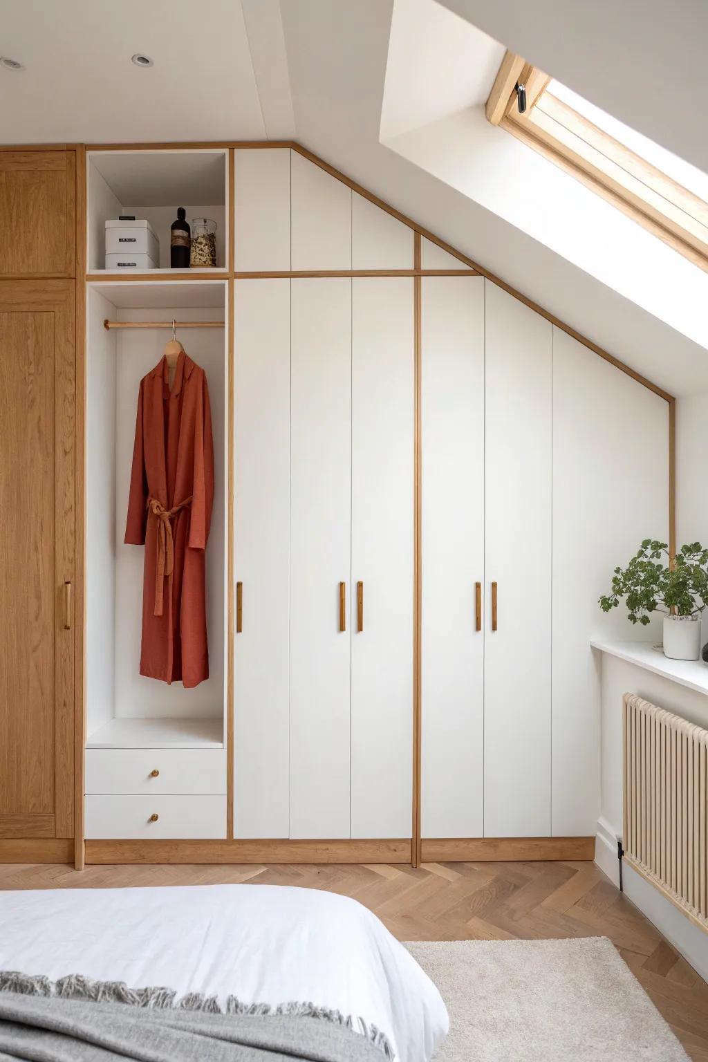 A flush, alcove-filling wardrobe that turns an awkward niche into a seamless wall.