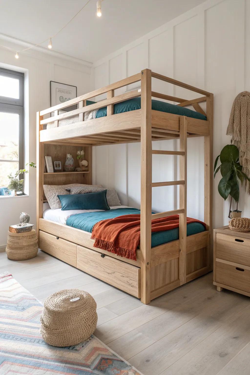 Sleepover-ready bunk with pull-out trundle: triple sleep spots at night, airy room by day.