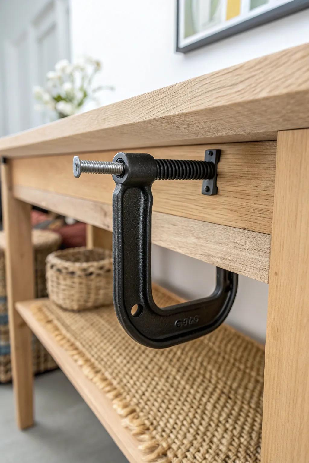 A sleek under-bench C-clamp row keeps tools hidden yet instantly within reach.