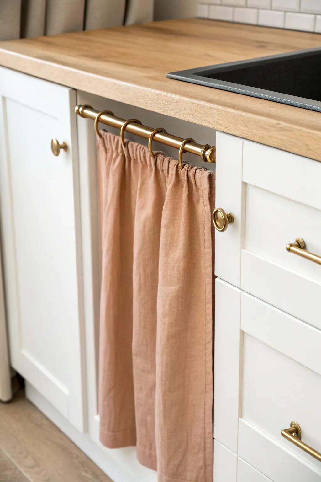 Clip-ring cabinet curtains: smooth one-hand sliding access and quick removal for easy washing.