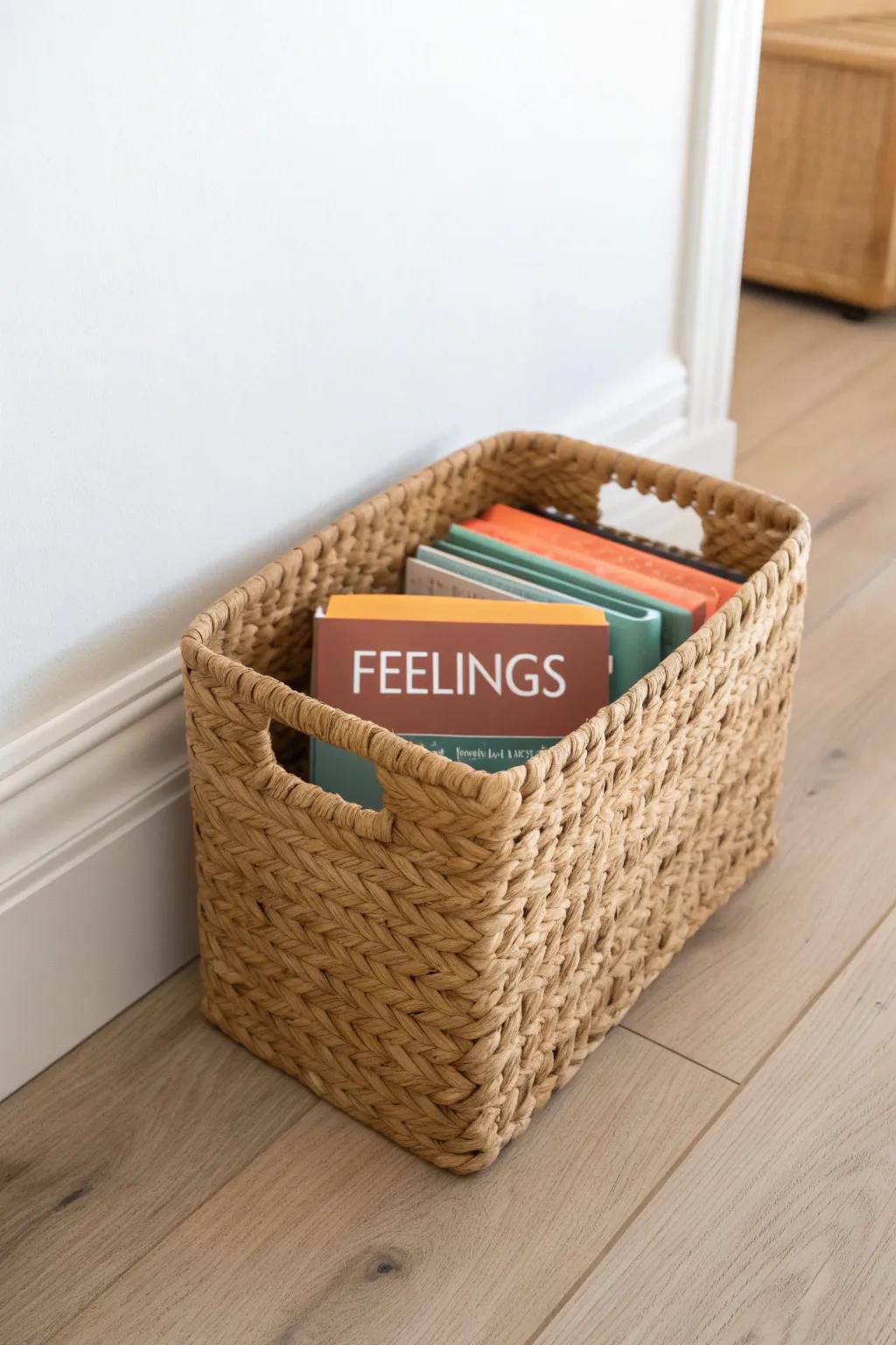 A slim woven book bin keeps your calm corner light—just a few feelings reads, ready anytime.