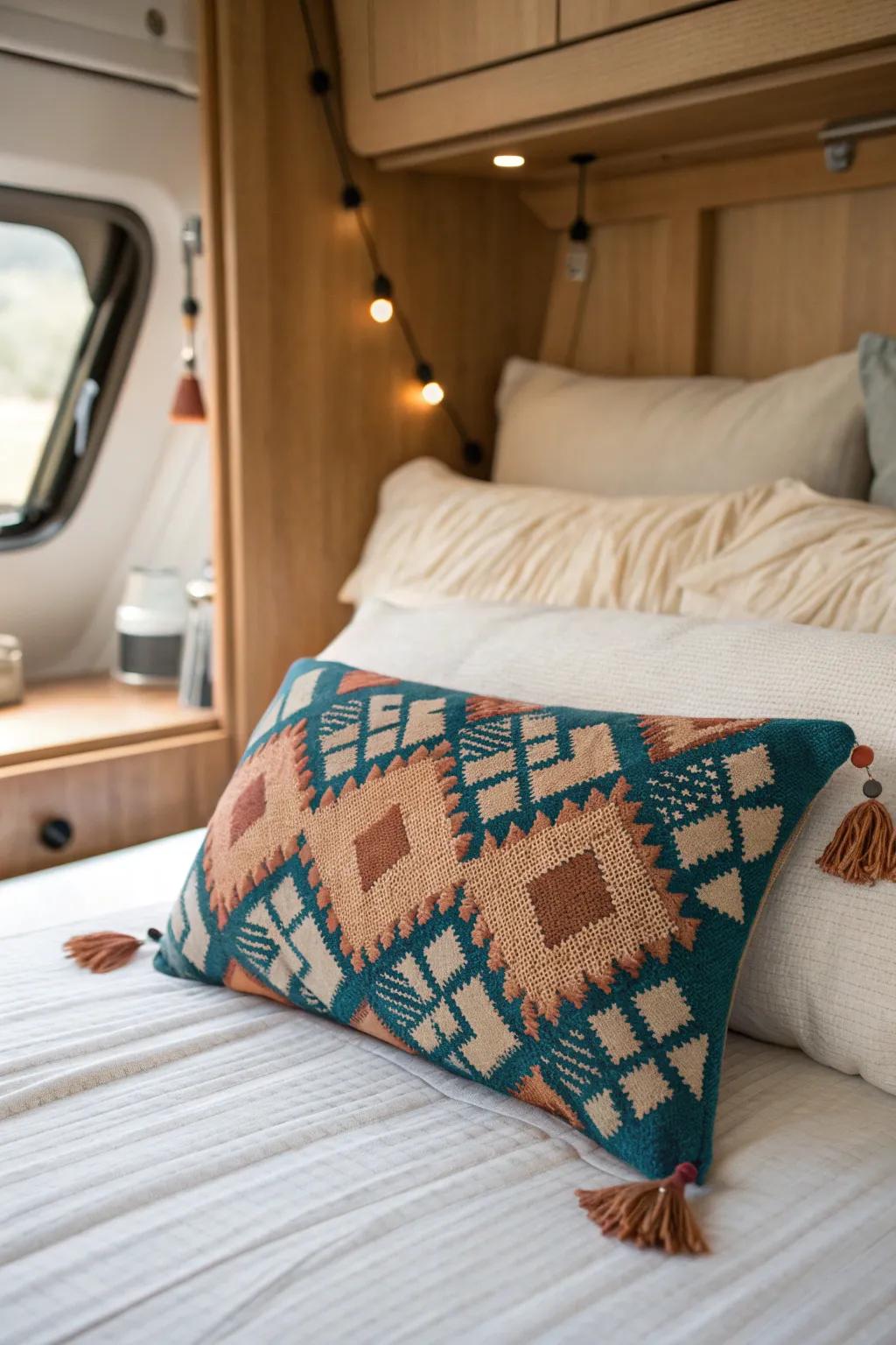Small camper bed, big style: one bold lumbar pillow adds polish without clutter.