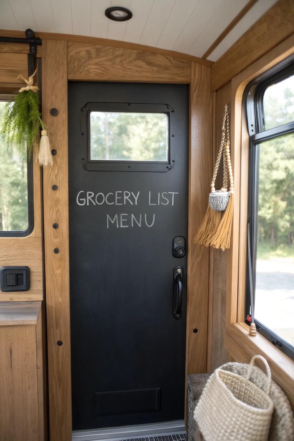 Turn your camper door into a chic chalkboard command center for lists, menus, and notes.