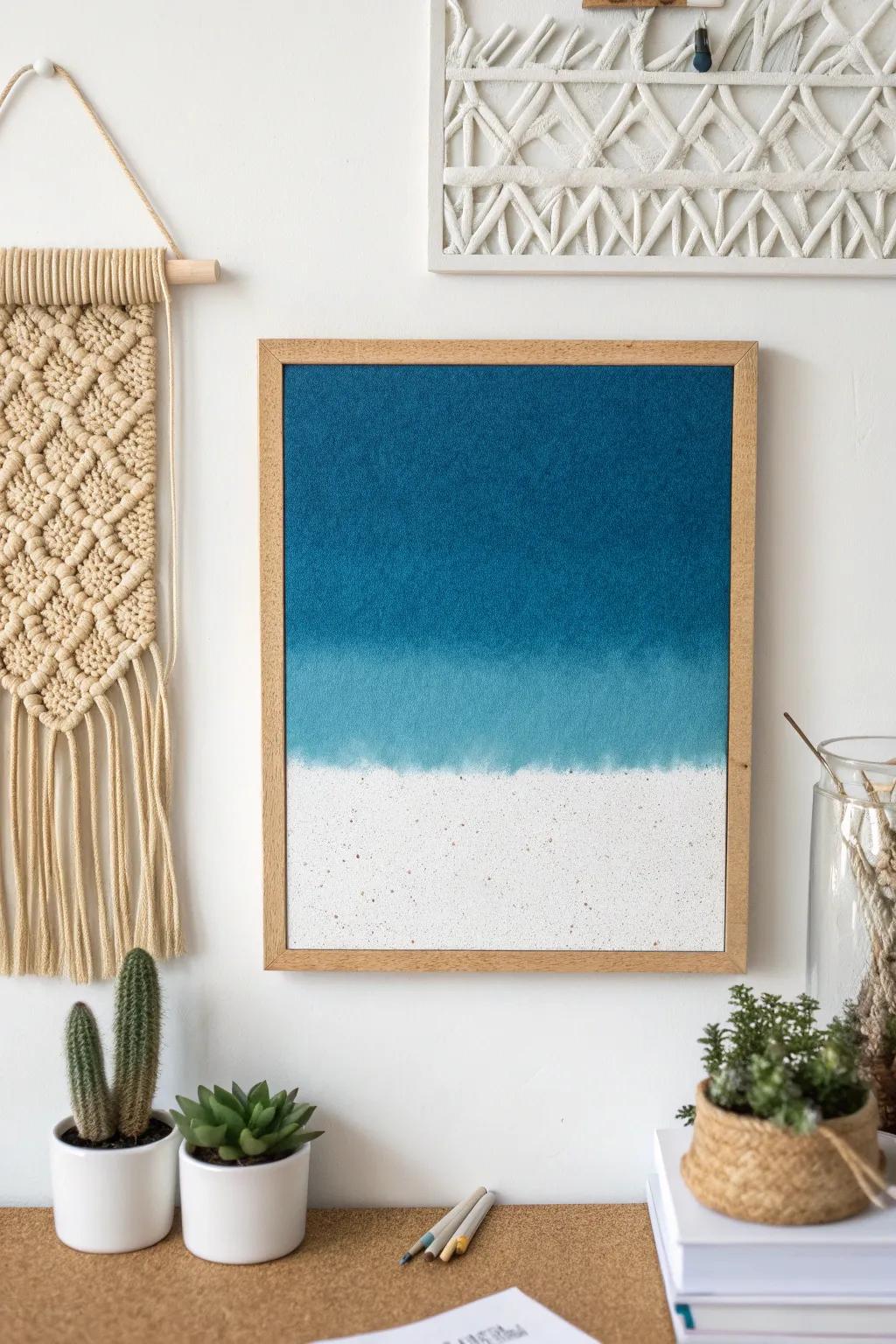 Transform your space with a stunning blue-to-white ombre cork board, perfect for adding a touch of modern elegance.