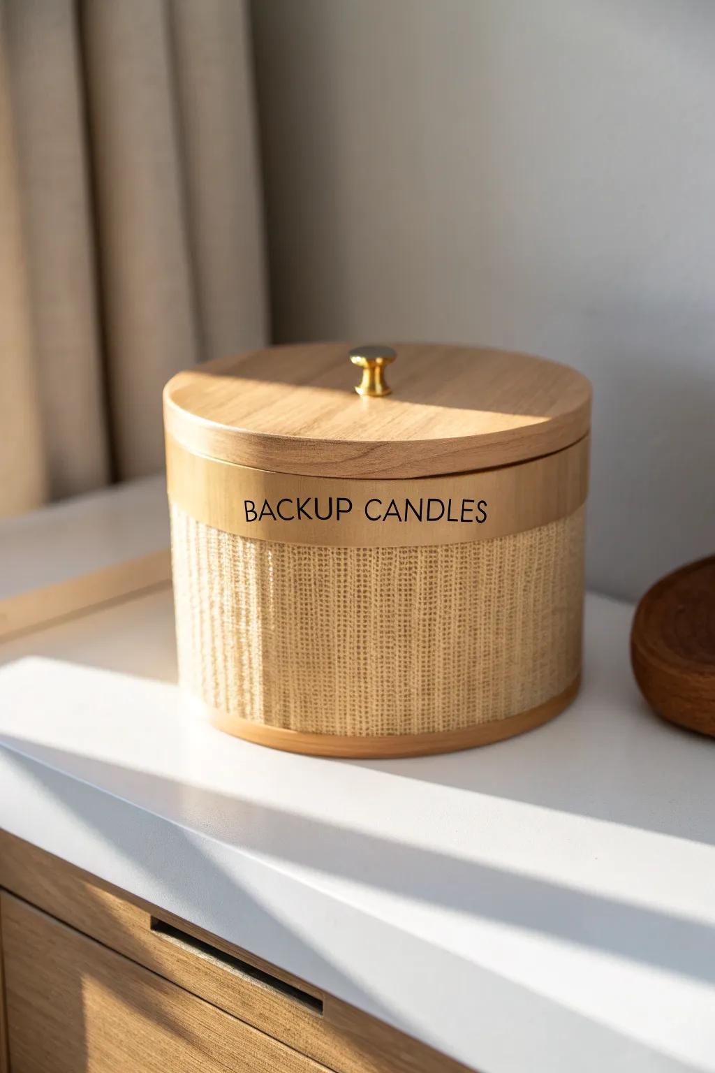 Keep backup jar candles dust-free and easy to spot with chic, labeled lidded boxes.