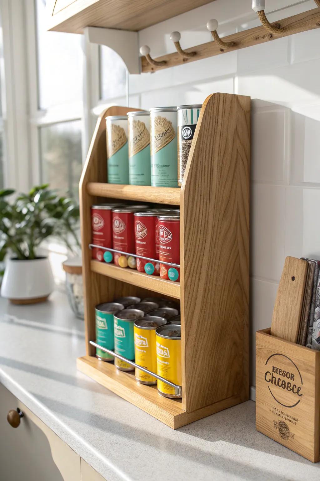 Let cans roll forward: a sleek wooden gravity-fed rack that keeps pantry stock fresh.