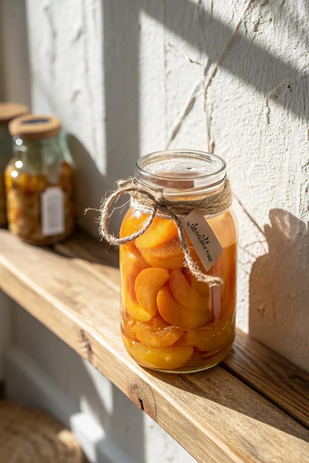 Shallow wall shelves, but make it decor—one gorgeous peach-filled canning jar always in view.