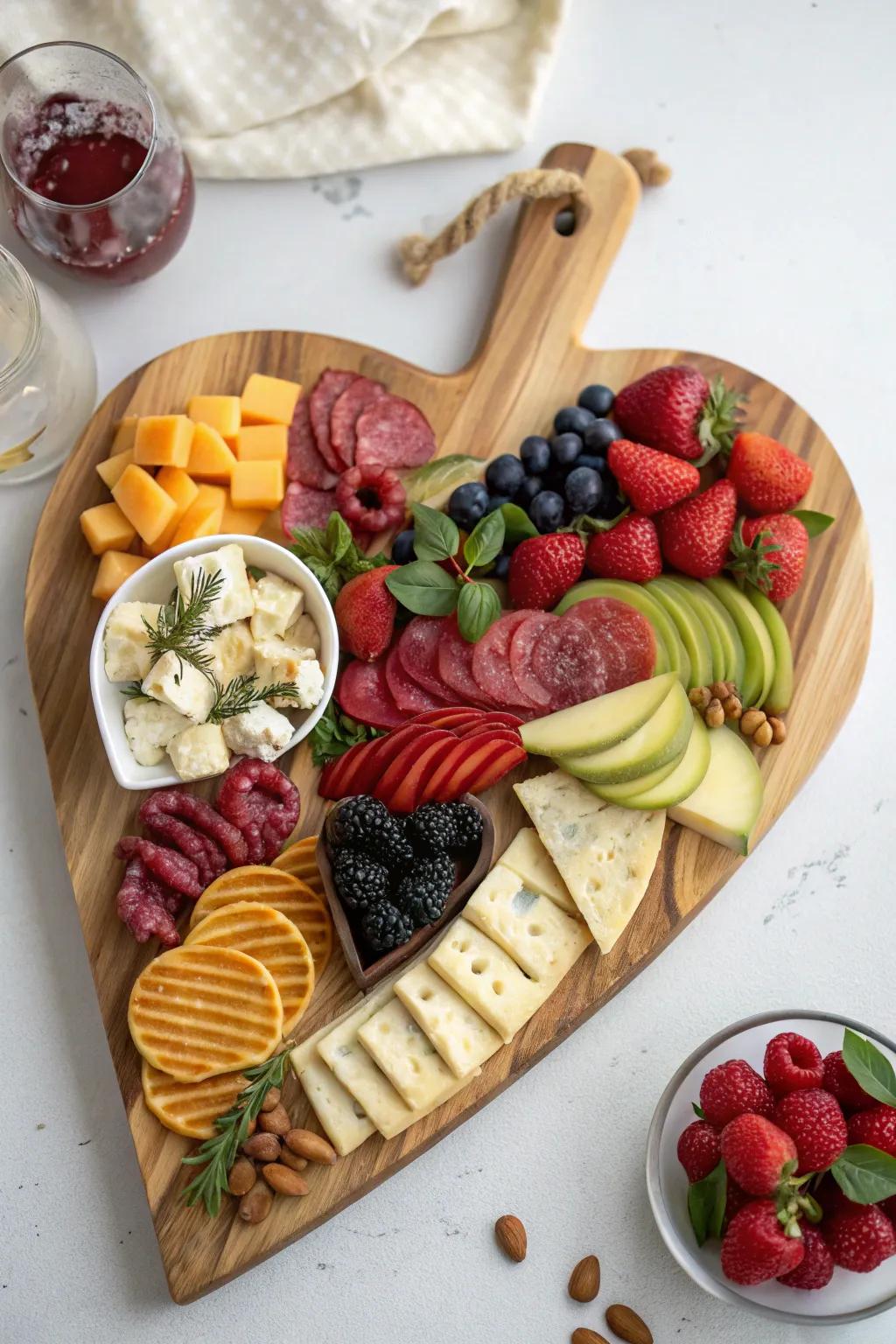 Elevate your card party with a heart-shaped charcuterie board that's as delightful to look at as it is to enjoy.